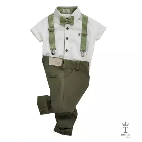 Conjunto Camisa Social ou Body Branca Grécia Verde Bermuda Casual Verde Musgo Gravata Borboleta e Suspensório Verde Oliva Poá Grécia Índigo Trend