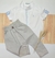 Conjunto Bata ou Body Gola Padre Branca Detalhes Azul Bebê e Calça Bege Linho Saruel Noah Índigo Trend