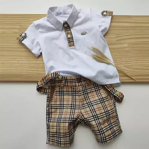 Conjunto Camisa Polo ou Body Branca Burb Bermuda Esporte Fino e Suspensório Xadrez Veneza Burb Índigo Trend