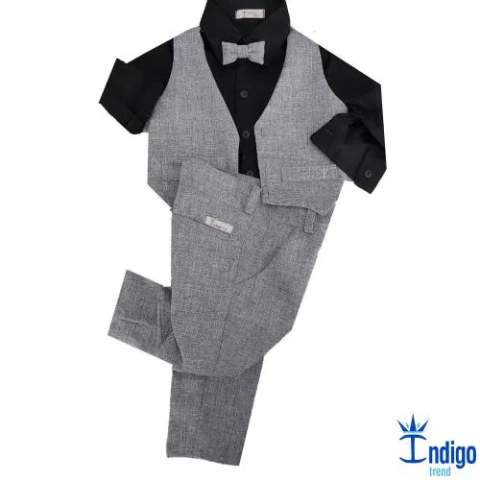 Conjunto Camisa Social ou Body Preta Amsterdã Calça Social Colete e Gravata Borboleta Cinza Chumbo Europa Índigo Trend