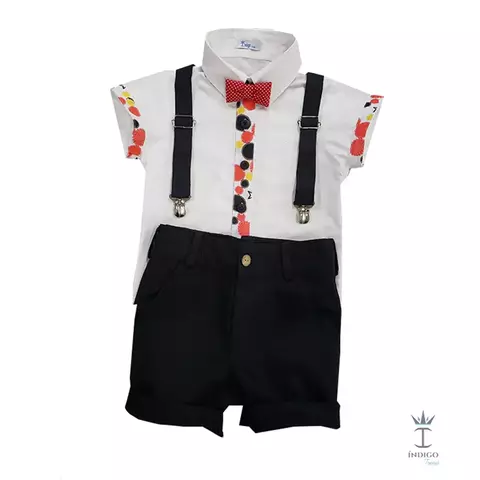Conjunto Camisa Social ou Body Branca Mouse Bermuda Casual Vermelha Gravata Borboleta Vermelha Poá Moscou Suspensório Preto Índigo Trend