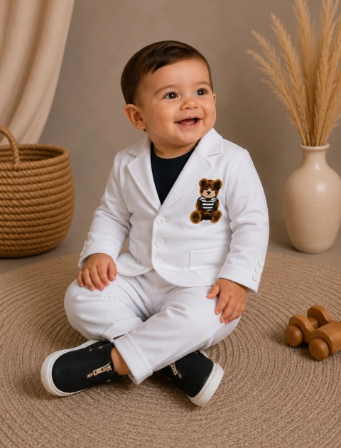 Conjunto Camiseta ou Body T-Shirt Preta Básica Calça Branca Tradicional e Blazer Branco Moletom Moletinho Urso Ted Bear Boduchinhos