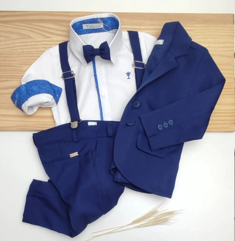 Conjunto Camisa Social ou Body Branca Abu Dhabi Calça Social Blazer Gravata Borboleta e Suspensório Azul Marinho Oxford Índigo Trend