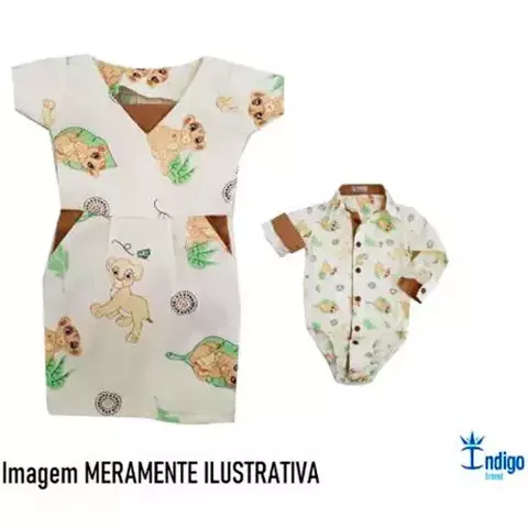 Kit Mãe e Filho Camisa Social ou Body e Vestido Adulto Crystal Arca de Noé Leão Digital Índigo Trend