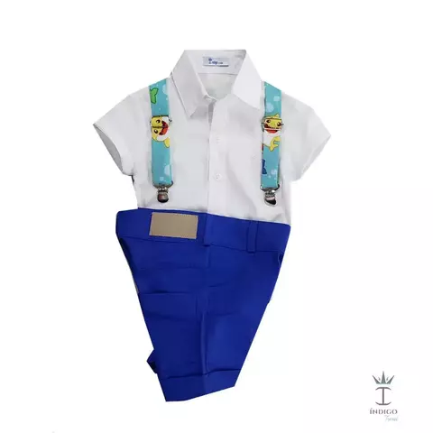 Conjunto Camisa Social ou Body Branca Amsterdã Bermuda Casual Azul Royal e Suspensório Baby Shark Índigo Trend