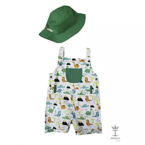 Kit Jardineira Verde Dinossauro Dino Baby e Chapéu Australiano Verde Bandeira Índigo Trend