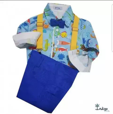 Conjunto Camisa Social ou Body Branca Tailândia Fundo do Mar Bermuda Casual e Gravata Borboleta Azul Royal e Suspensório Amarelo Canário Índigo Trend