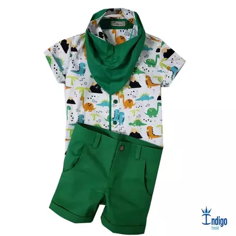 Conjunto Camisa Social ou Body Dinossauro Dino Baby Bermuda Esporte Fino Verde Bandeira e Babador ou Bandana Dinossauro Dino Baby Índigo Trend