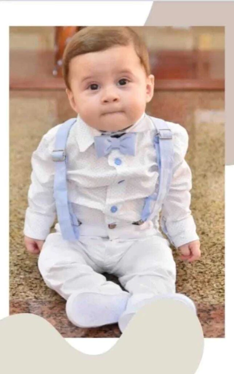 Conjunto Camisa Social ou Body Branca Alemanha Poá Calça Esporte Fino Branca Gravata Borboleta e Suspensório Azul Bebê Índigo Trend