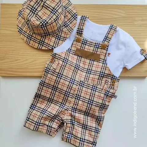Conjunto Bata ou Body Branca Jardineira e Chapéu Australiano Xadrez Veneza Burb Índigo Trend