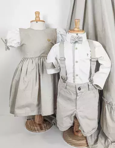 Kit Irmãos Camisa Social ou Body Branca Colored Bege Bermuda Gravata Borboleta e Suspensório Bege Colored Vestido Princesa Com Manga Bufante Bege Colored Índigo Trend