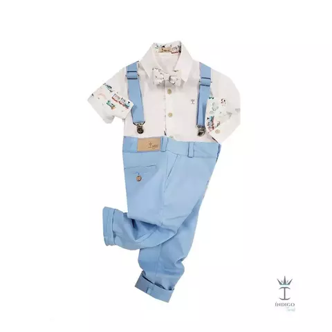Conjunto Camisa Social ou Body Branca Urso Brinquedos Aviador Vintage Calça Esporte Fino e Suspensório Azul Bebê e Gravata Borboleta Urso Brinquedos Aviador Vintage Índigo Trend