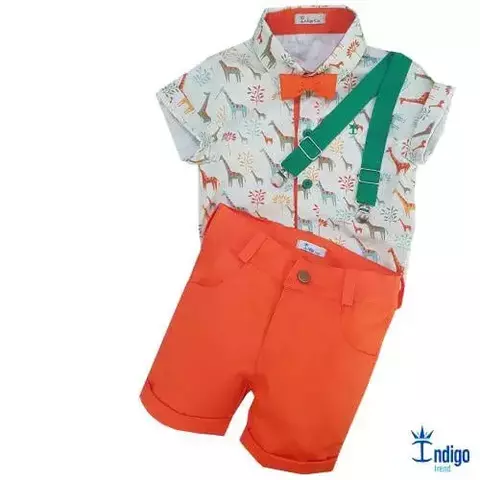 Conjunto Camisa Social ou Body Savana Safári Bermuda Casual e Gravata Borboleta Laranja e Suspensório Verde Bandeira Índigo Trend
