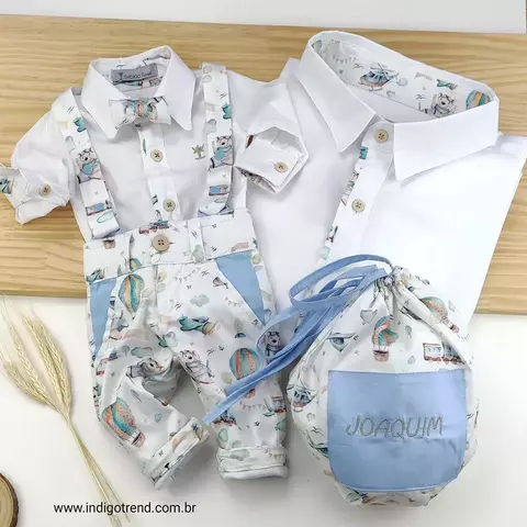 Kit Pai e Filho Camisa Social ou Body Branca Urso Brinquedos Aviador Vintage Calça Gravata Borboleta e Suspensório Urso Brinquedos Aviador Vintage e Saquinho Personalizado com o Nome Índigo Trend