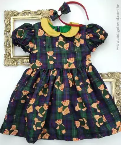Kit Vestido Princesa Com Manga Bufante e Laço Verde Ursa Escocesa Natal Índigo Trend - comprar online