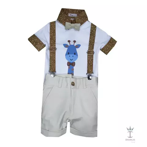 Conjunto Camiseta ou Body T-Shirt 2 em 1 Summer Branca Girafa Savaninha Bermuda Esporte Fino Bege Gravata Borboleta Bege e Suspensório Grécia Savaninha Índigo Trend