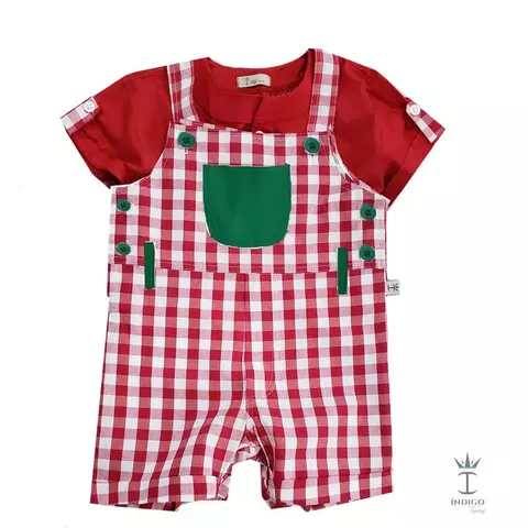 Conjunto Bata ou Body Vermelha Botões Branco e Jardineira Vermelha e Verde Xadrez Haiti Índigo Trend