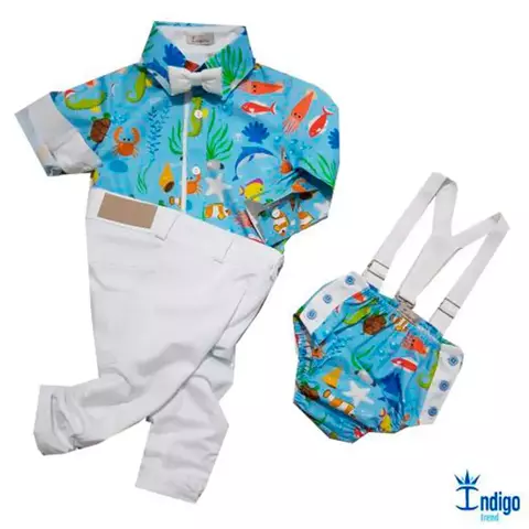 Conjunto Camisa Social ou Body Branca Fundo do Mar Tailândia Calça Casual Gravata Borboleta e Suspensório Branco Tapa Fralda Smash The Cake Azul e Branco Fundo do Mar Tailândia Índigo Trend