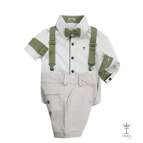 Conjunto Camisa Social ou Body Branca Grécia Verde Bermuda Bege Esporte Fino Gravata Borboleta e Suspensório Verde Oliva Poá Grécia Índigo Trend