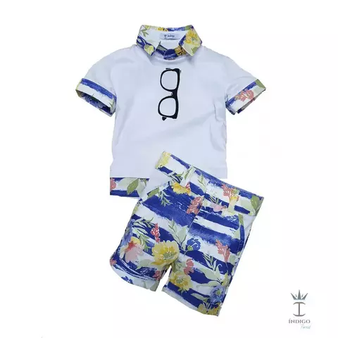 Conjunto Camiseta ou Body T-Shirt 2 em 1 Summer Branca Óculos e Bermuda Maldivas Índigo Trend