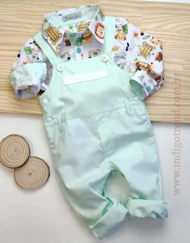 Conjunto Camisa Social ou Body Verde Bebê Baby Safári Jardineira Verde Bebê Império Índigo Trend