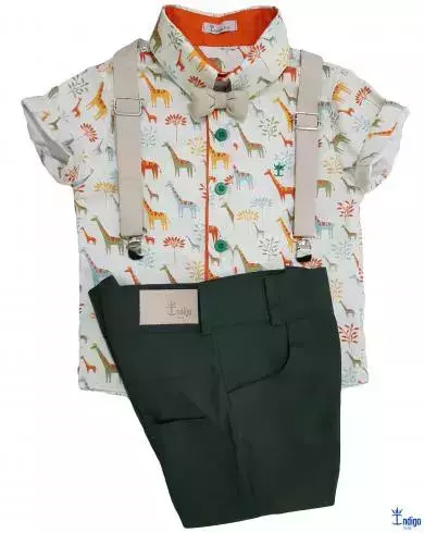 Conjunto Camisa Social ou Body Savana Safári Bermuda Verde Musgo Casual Gravata Borboleta e Suspensório Bege Índigo Trend