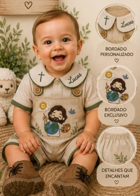 Conjunto Bata ou Body Charles e Jardineira Macacão Charles Bege Jesus Meu Melhor Amigo Bordado Boduchinhos