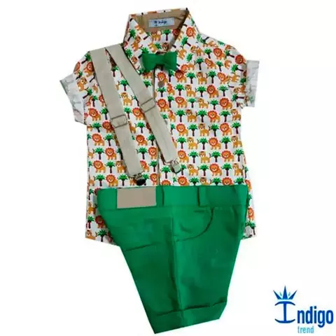 Conjunto Camisa Social ou Body Oslo Safári Calça Casual e Gravata Borboleta Verde Bandeira Suspensório Bege Índigo Trend
