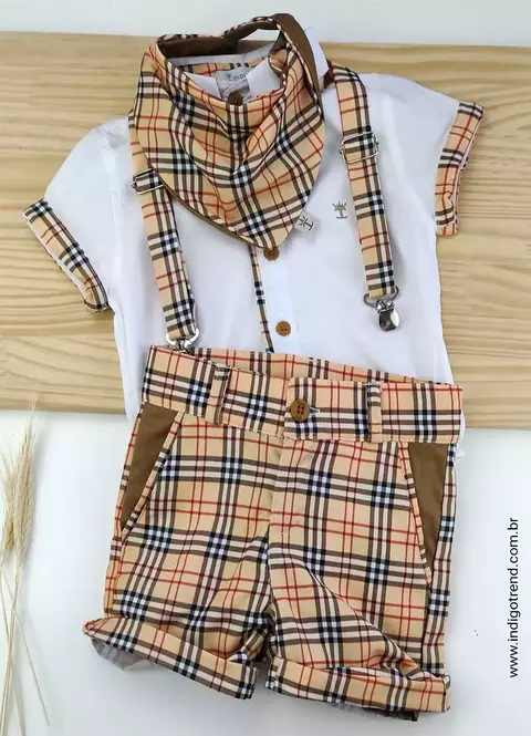 Conjunto Camisa Social ou Body Branca Bermuda Esporte Fino Babador ou Bandana e Suspensório Xadrez Veneza Burb Índigo Trend