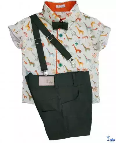 Conjunto Camisa Social ou Body Savana Safári Bermuda Casual Gravata Borboleta e Suspensório Verde Musgo Índigo Trend