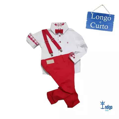 Conjunto Camisa Social ou Body Branca Xadrez Haiti Calça Casual Gravata Borboleta e Suspensório Vermelho Índigo Trend