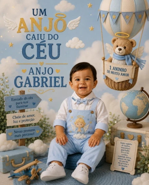 Conjunto Camisa Social ou Body Branca Finlândia Poá Com Idade e Nome Bordado Jardineira Azul Bebê Um Anjo Caiu do Céu Bordado e Gravata Borboleta Azul Bebê Boduchinhos