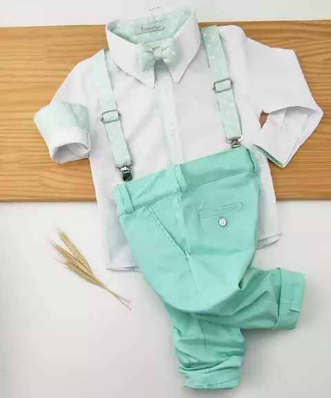 Conjunto Camisa Social ou Body Branca Inglaterra Verde Império Calça Verde Tiffany Esporte Fino Botão Branco Gravata Borboleta e Suspensório Verde Inglaterra Império Índigo Trend