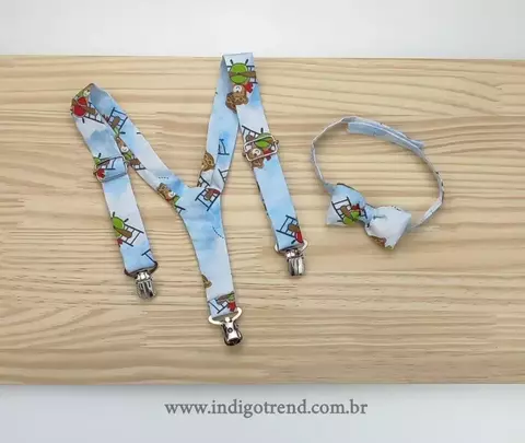Kit Gravata Borboleta e Suspensório Urso Aviador Adulto Infantil Bebê Índigo Trend
