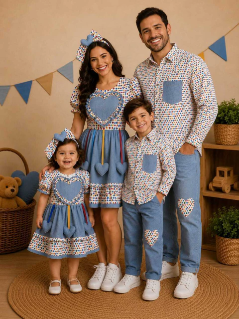 Kit Família Pai Mãe e Irmãos Camisa Social ou Body Jamaica Bolso Calça Azul Denim Claro Esporte Fino Vestido e Laço Jamaica Maria Festa Junina São João Índigo Trend