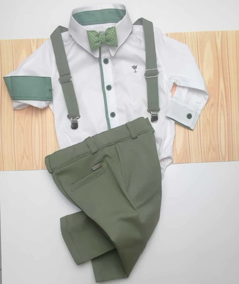 Conjunto Camisa Social ou Body Branca Bangalore Verde Oliva Calça Esporte Fino e Suspensório Verde Oliva Gravata Borboleta Verde Oliva Poá Grécia Índigo Trend - comprar online