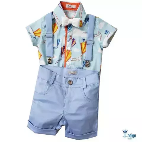 Conjunto Camisa Social ou Body Pipa Cafifa Bermuda Casual e Suspensório Azul Bebê e Gravata Borboleta Branca Índigo Trend