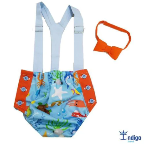 Kit Tapa Fraldas Smash The Cake Azul e Laranja Fundo do Mar Tailândia Gravata Borboleta Laranja e Suspensório Azul Bebê Índigo Trend