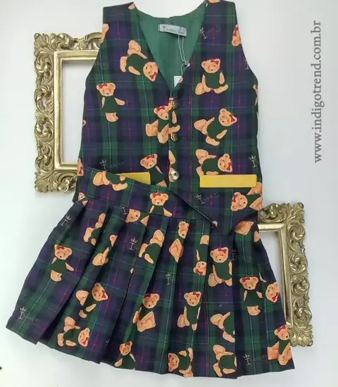 Kit Colete e Saia de Pregas Verde Ursa Escocesa Natal Índigo Trend