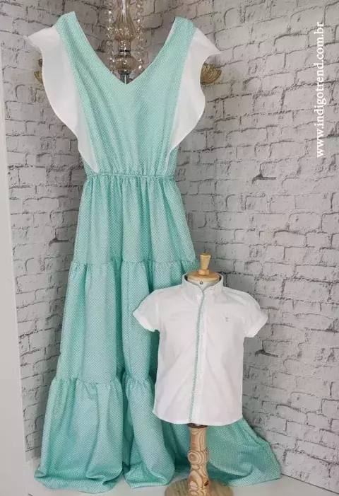 Kit Mãe e Filho Vestido Rainha Verde Malibu e Camisa Social ou Body Branca Malibu Índigo Trend