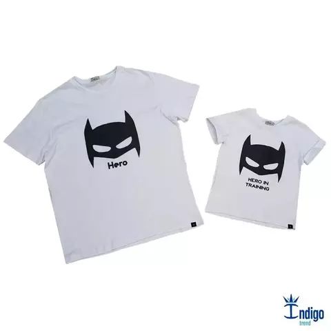 Kit Pai e Filho Camiseta ou Body T-Shirt Branca Super Herói Hero In Training Índigo Trend