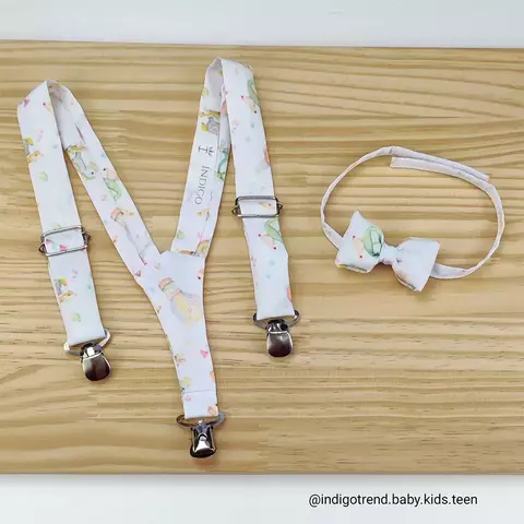 Kit Gravata Borboleta e Suspensório Branco Brinquedos de Bebê Adulto Infantil Bebê Índigo Trend