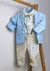 Conjunto Camisa Social ou Body Urso Brinquedos Aviador Vintage Blazer Azul Bebê Botão Branco Inglês Calça Esporte Fino Botão Bege Gravata Borboleta e Suspensório Bege Índigo Trend