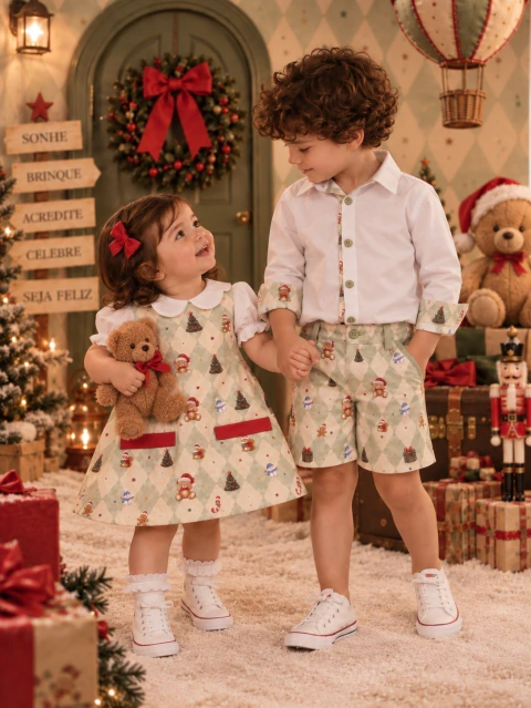 Kit Irmãos Natal Era Uma Vez Ursos – Camisa Social ou Body, Bermuda, Bata ou Body Menina, Vestido Trapézio e Laço Vermelho | Boduchinhos