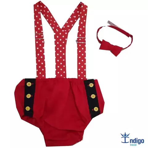 Kit Tapa Fraldas Smash The Cake Vermelho e Preto Mouse Gravata Borboleta Preta e Suspensório Vermelho Bolas Brancas Índigo Trend