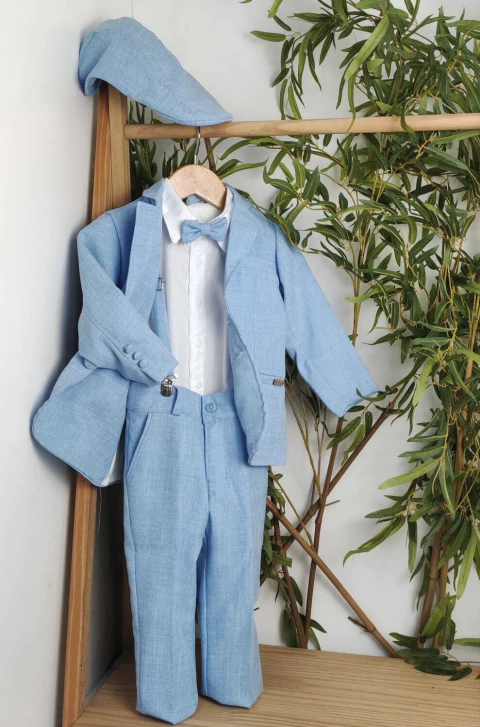 Conjunto Camisa Social ou Body Amsterdã Branca Calça Social e Blazer Com Botões Forrados Boina Gravata Borboleta e Suspensório Europa Azul Bebê Índigo Trend - comprar online