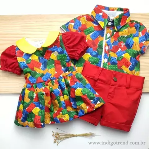 Kit Irmãos Vestido Princesa Com Manga Bufante e Camisa Social ou Body Legos Brinquedos e Bermuda Casual Vermelha Índigo Trend