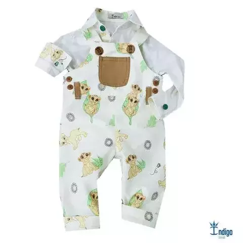 Conjunto Camisa Social ou Body Marfim Arca de Noé Leão Jardineira Arca de Noé Leão Índigo Trend