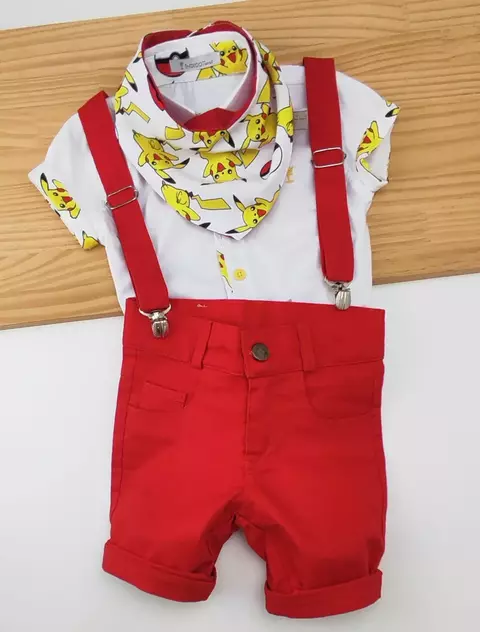 Conjunto Camisa Social ou Body Branca Pokémon Pikachu Bermuda Casual e Suspensório Vermelho e Babador ou Bandana Pokémon Pikachu Índigo Trend - comprar online