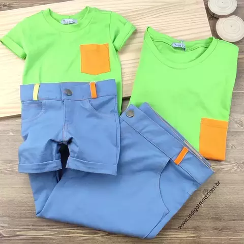 Kit Pai e Filho Camiseta ou Body T-Shirt Verde Limão Colors Laranja e Bermuda Denim Claro Colors Casual Índigo Trend